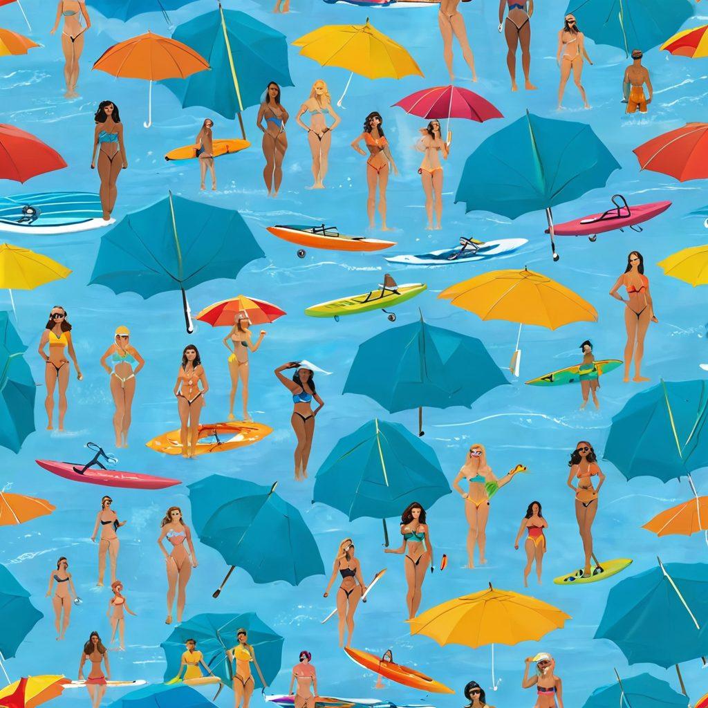 A vibrant beach scene featuring a diverse group of people showcasing trendy swimwear styles, with colorful umbrellas and surfboards in the background. Include a clear blue sky and sparkling ocean waves, depicting fun activities like beach volleyball and paddleboarding. The atmosphere should exude a lively summer vibe, capturing the essence of adventure and style. super-realistic. vibrant colors. sunny background.